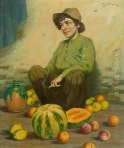 Junger Fruchteverkaufer Lehnt An Einer Mauer Und Raucht