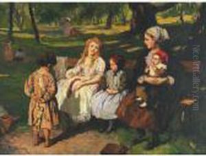 Young Mothers On A Park Bench by Rudolph Jelinek