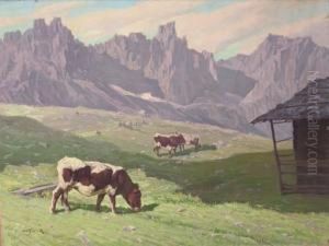 Cows Grazing In A Mountanious Landscape by Rudolph Jelinek