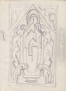 The Virgin And Child Enthroned And Flanked By Angels by Mainie Harriet Jellett