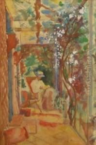A Woman Seated On A Veranda In Summer by Mainie Harriet Jellett