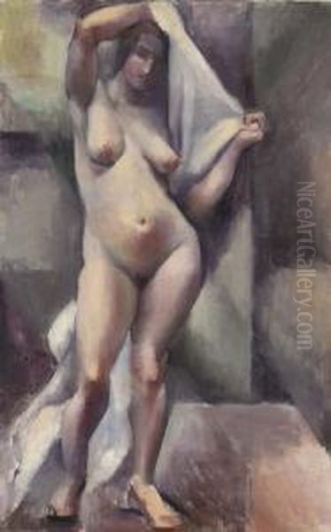 Standing Female Nude Holding A White Drape - view 1