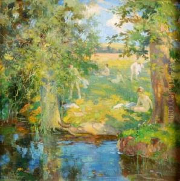 Figures Bathing In A Woodland Pool - view 1
