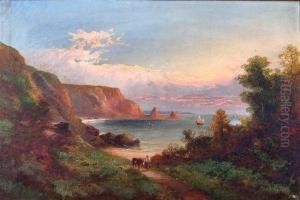 A Lady And Donkey On A Coastal Path In An Extensive Coastal
Landscape With Fishing Boats On The Water, Probably Torbay, South
Devon by George Henry Jenkins