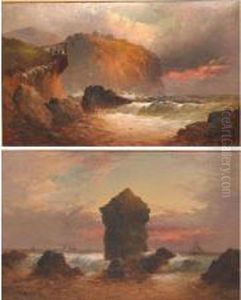 West Country Coastal Views, Shipping At Sea And Figures On A Headland by George Henry Jenkins