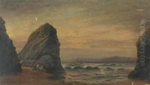 Coastal Scene Probably Devon Or Cornwall With Fishermen And A Lobster Pot by George Henry Jenkins