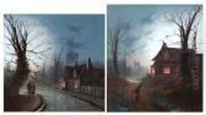 Figures On A Lane Before A House
 At Dusk,together With Another Of A Young Maid Carrying A Bundle Of 
Faggots,before A House At Dusk by Wilfred Jenkins