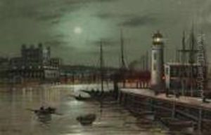 Scarborough Harbour By Moonlight by Wilfred Jenkins