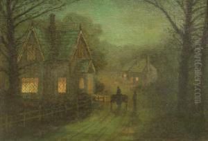 Cottages By Moonlight Probably Roundhay Leeds by Wilfred Jenkins
