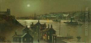 Whitby Harbour By Moonlight; Scarborough Beach By Moonlight by Wilfred Jenkins