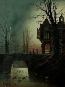 Figures On A Bridge By Moonlight; And A Village Street By Moonlight by Wilfred Jenkins