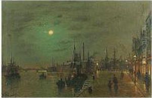 Fl. -, Harbour Scene At Night, Oil On Canvas, 42 By 61 Cm.; 16i By 24 In Fl. -, Harbour Scene At Night, Oil On Canvas, 42 By 61 Cm.; 16i By 24 In