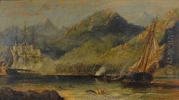 A British Naval Frigate Engaging A Pirate Vessel In Caribbean Waters - view 1