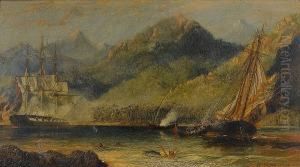 A British Naval Frigate Engaging A Pirate Vessel In Caribbean Waters by Isaac Walter Jenner