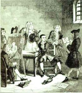Jack in Newgate Ward having portraits taken by Sir James Thornhill and William Hogarth by George Cruikshank I