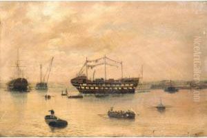 A Prison Hulk, Possibly The Stirling Castle, Moored At Plymouth; And A Prison Hulk