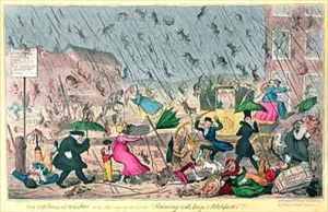 Very Unpleasant Weather or the Old Saying verified Raining Cats Dogs and Pitchforks by George Cruikshank I