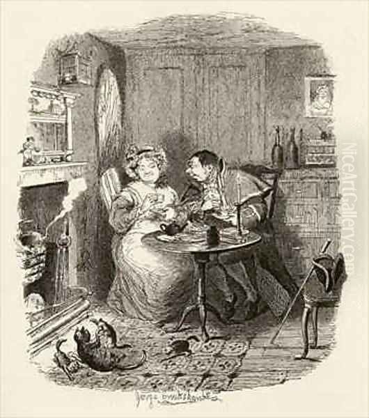 Mr Bumble and Mrs Corney taking tea - view 1