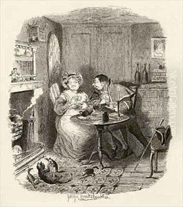 Mr Bumble and Mrs Corney taking tea by George Cruikshank I