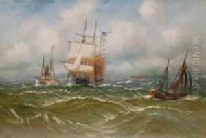Dreimastgaffelschoner Und Andere Schiffe Vor Helgoland