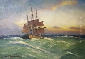 Segler Auf Hoher See. Unten Links Signiert Alfred Jensen Ol Auf Leinwand. 49 X 69 Cm