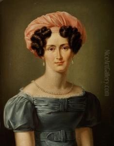 A Portrait Of A Woman With Pink Headgear, A Grey Blue Dress And A White String Of Pearls A Portrait Of A Woman With Pink Headgear, A Grey Blue Dress And A White String Of Pearls