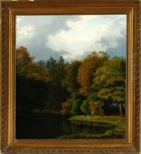 Forest Scenery With A Recently
Engaged Couple Walking At The Shore. Signed With A Monogram by Edvard Michael Jensen