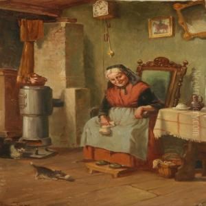 Interior Withlady And A Playing Cat
