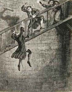 Jonathan Wild thief turned thief taker throwing Richard Trenchard down the well by George Cruikshank I