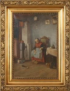 Kitchen Interior With A Woman And A Kitten