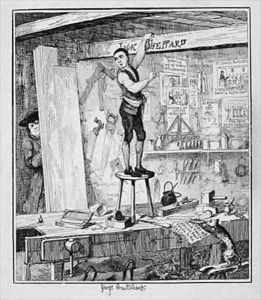Jack carves his name on a beam in the shop of his former employer by George Cruikshank I