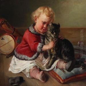 A Fair-haired Girl Playing With Her Cat