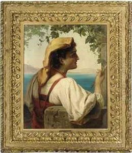 An Italian Maiden Mending Nets On The Bay Of Naples, Vesuvius Beyond