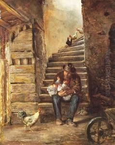 An Elderly Man With A Small Child In The Staircase