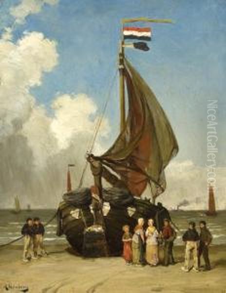 Fishing Boat On The Shore With Figures Standing Around - view 1