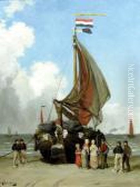 Fishing Boat On The Shore With Figures Standingaround - view 1