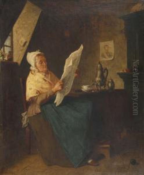 Some Interesting News Aninterior
 With Seated Lady Reading A Newspaper Beside A Table Withan Urn Of Tea, A
 Portrait Of An Officer On The Wall Beyond - view 1
