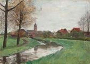 Fruhlingslandschaft Mit Bachlauf Und Dorf by August Jernberg
