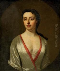 Portrait Of A Rebecca Rutter Of 
Moor Hall, Cheshire, In A White Silk Dress With A Red Trim, In A Feigned
 Oval