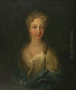 Wearing Pearls In Her Hair Dressed In Awhite Satin Dress With Blue Shawl