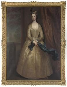 Portrait Of Lady Barbara North, 
Full-length, In An Oyster Satindress And A Blue Wrap, On A Terrace