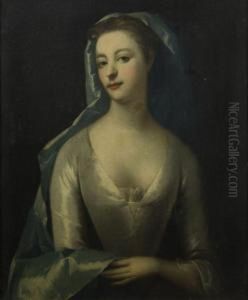 Portrait Of A Lady In A White Silk Dress And Blue Shawl