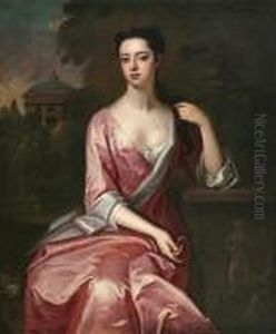 A Portrait Of A Lady, 
Three-quarter Length,wearing A Pink Satin Gown, Seated In A Landscape by Charles Jervas