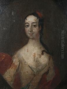 Portrait Of A Lady In A Yellow 
Dress, With A Red Shawl And A Red Feather On Her Hair Within A Painted 
Oval by Charles Jervas