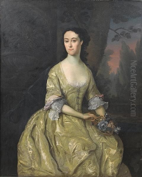 Portrait Of A Lady,
Three-quarter-length, In A Yellow Silk Dress Holding A Basket Of Flowers - view 1