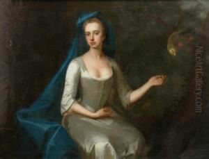 Mrs Gore, Seated Wearing Blue Train, Cream Silk Dress Beside A Parrot