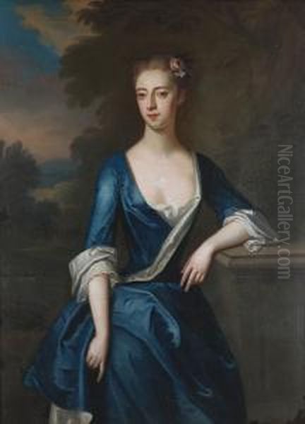 Portrait Of A Lady, Said To Be
Elizabeth Patheriche, Standing Three-quarter-length, In A Blue And White
Dress With Flowers In Her Hair - view 1