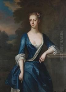 Portrait Of A Lady, Said To Be
Elizabeth Patheriche, Standing Three-quarter-length, In A Blue And White
Dress With Flowers In Her Hair by Charles Jervas