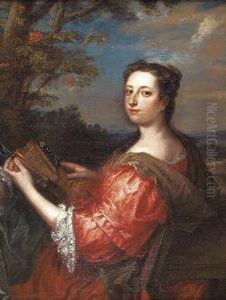 Half Length Portrait Of A Lady In A Red Dress Holding A Lute by Charles Jervas