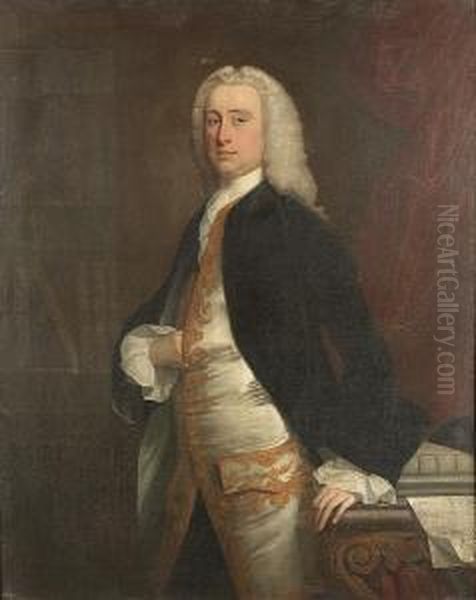 Portrait Of A Gentleman,
Three-quarter-length, In A Dark Blue Coat, A White Silk Waistcoat With
Gold Embroidery, Standing Before A Bookcase - view 1